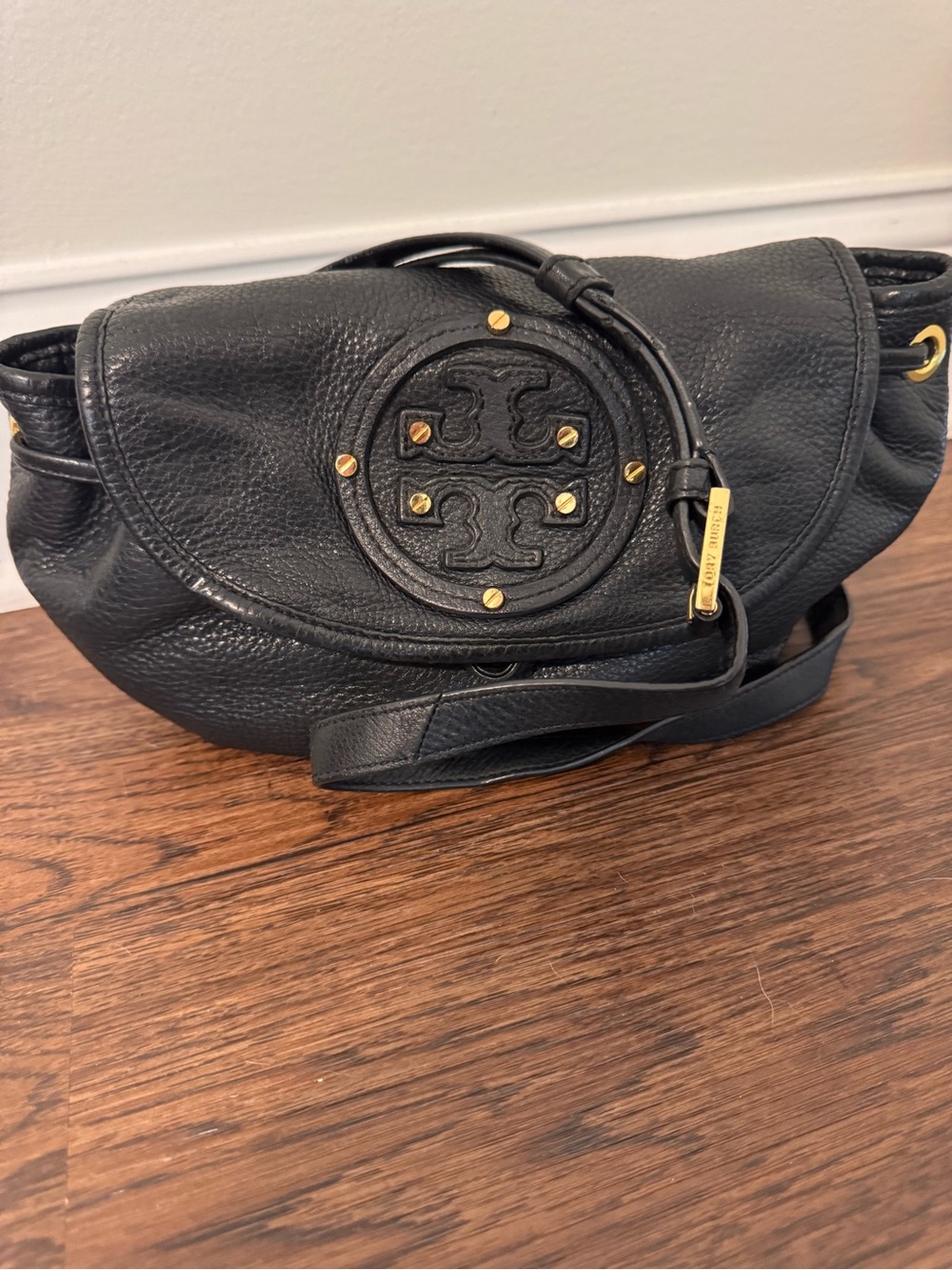 Tory Burch Black Pebble Leather cross body Bag with Gold Hardware